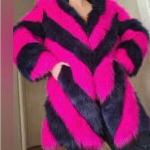 Vibrant Pink and Black Faux Fur Coat